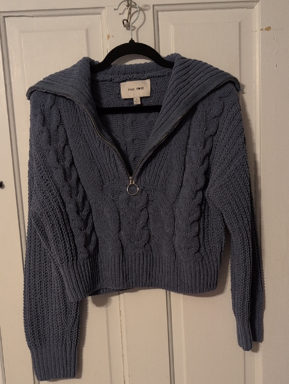 Pink Rose Slate Blue Cable Knit Half-Zip Turtleneck Sweater
